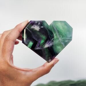 Feather Fluorite Faceted Heart Crystal Carving